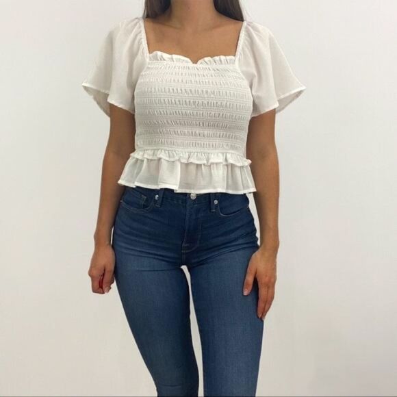 NWT Anthropologie White Smocked Crop Top with Flutter Sleeve - Picture 1 of 5